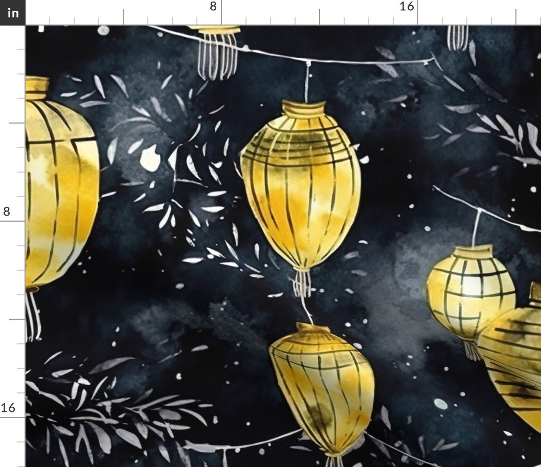 Yellow Glowing Chinese Paper Lanterns Watercolor Fabric