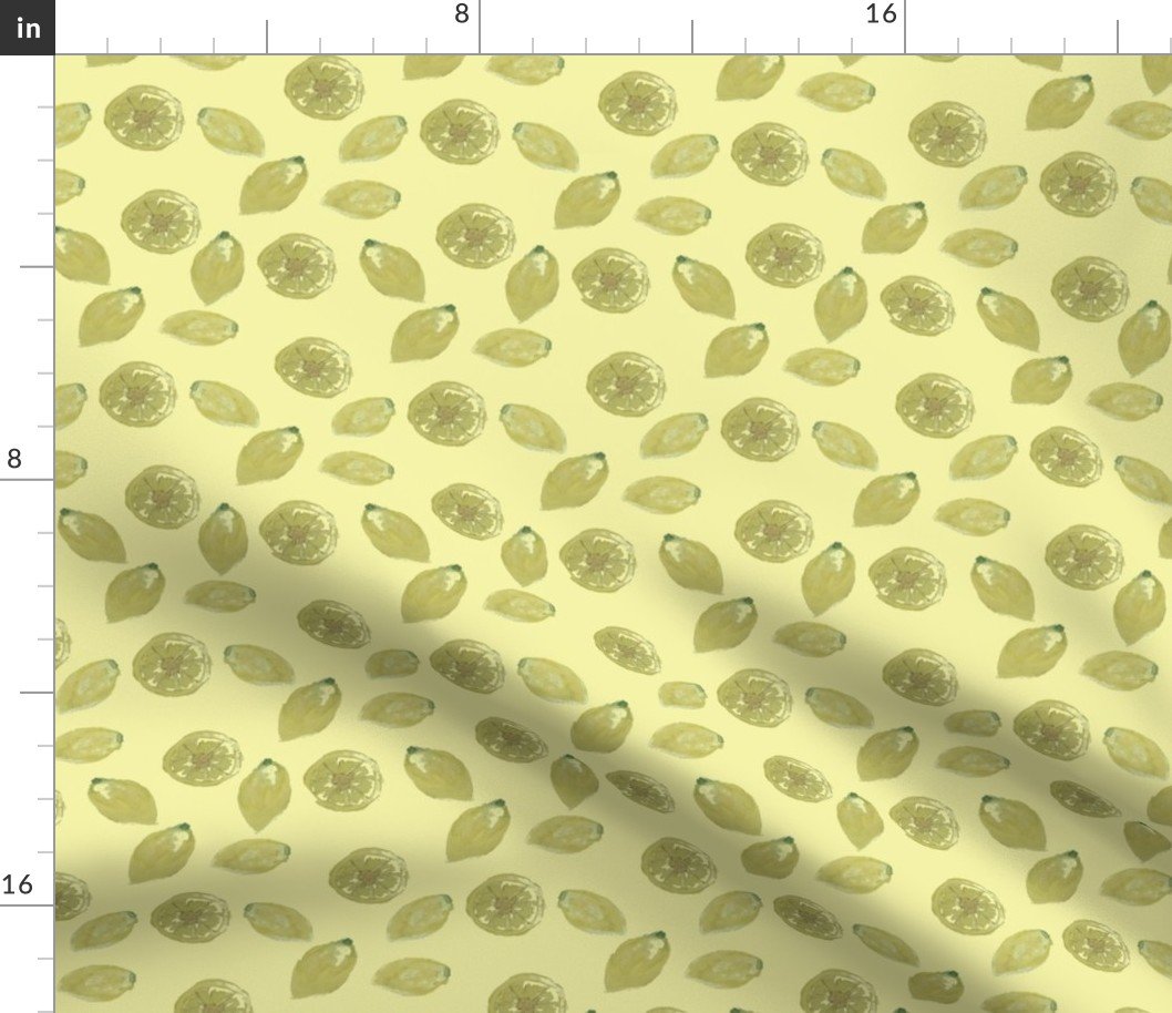 Yellow Lemon Fruits Sliced and Whole Lemons on Yellow Hand-Painted Watercolor Fabric