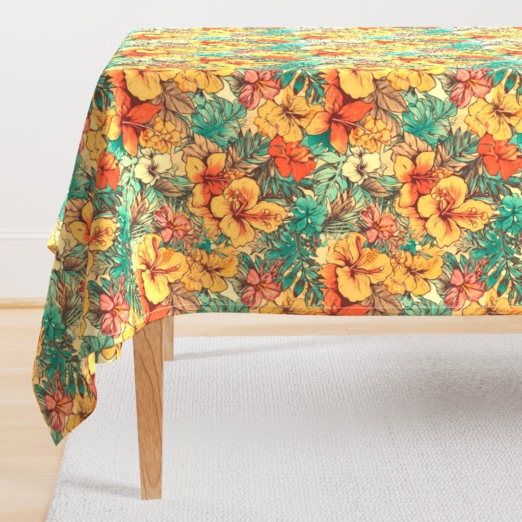 Soft Vintage Hawaiian Hibiscus Watercolor in Coral Orange Rectangular Tablecloth