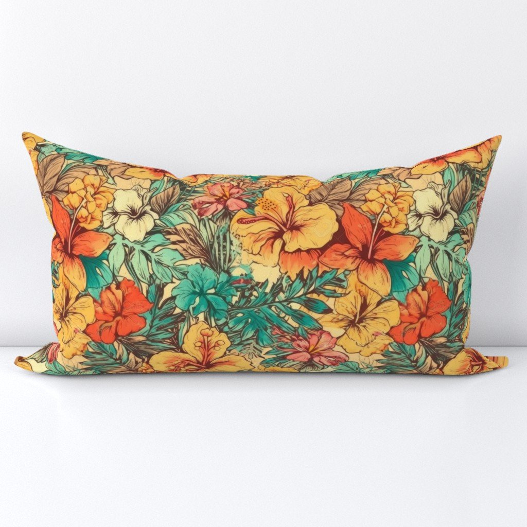 Soft Vintage Hawaiian Hibiscus Watercolor in Coral Orange Lumbar Throw Pillow