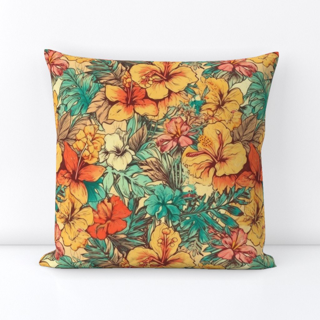 Soft Vintage Hawaiian Hibiscus Watercolor in Coral Orange Square Throw Pillow