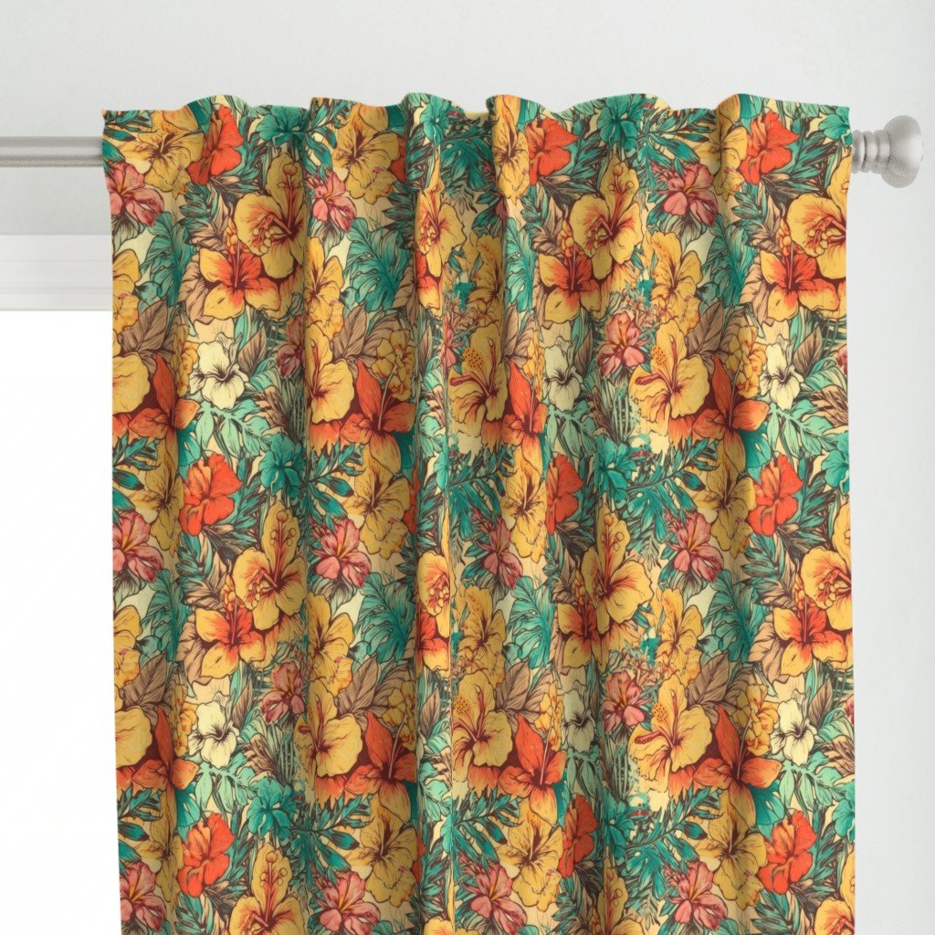 Soft Vintage Hawaiian Hibiscus Watercolor in Coral Orange Curtains