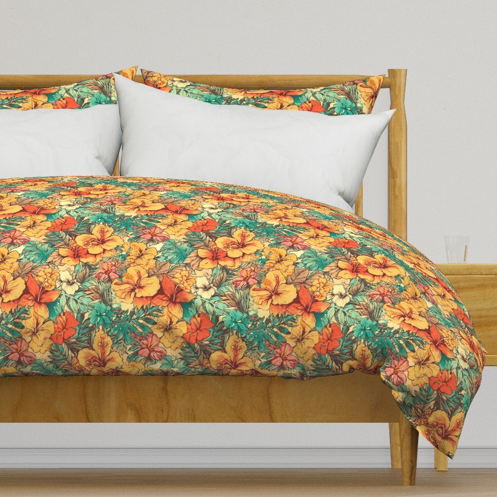 Soft Vintage Hawaiian Hibiscus Watercolor in Coral Orange Duvet Cover