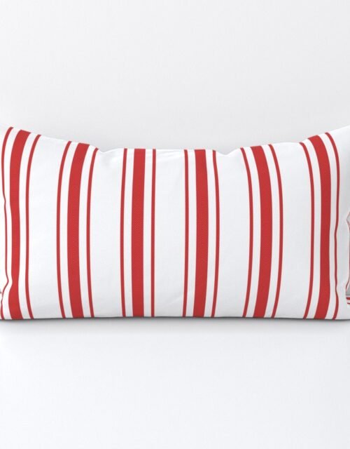 Mattress Ticking Wide Striped Pattern in Red and White Lumbar Throw Pillow